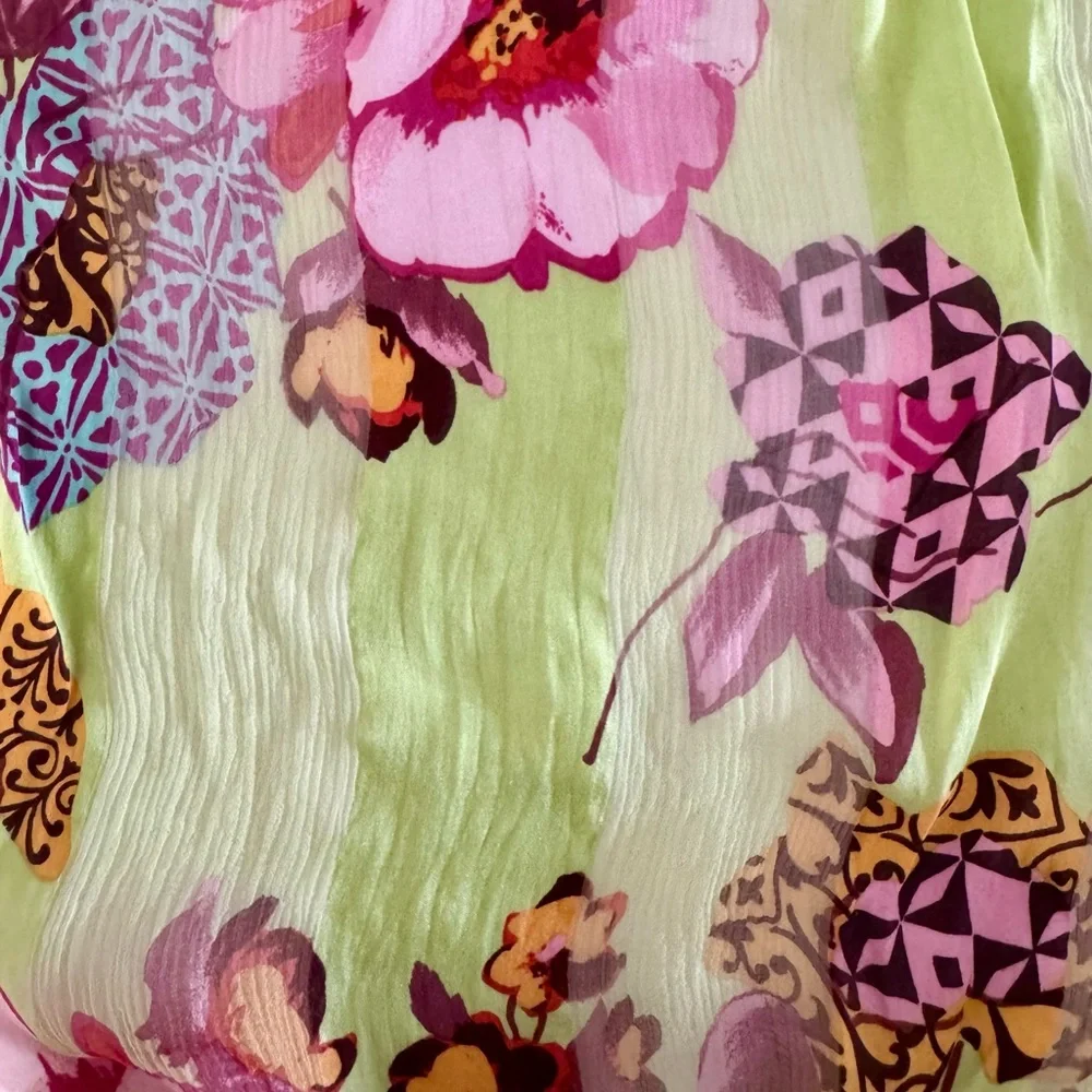 90s Vintage Marcrozier Paris Floral Print Silk Oblong Scarf Wrap, Green & Pink